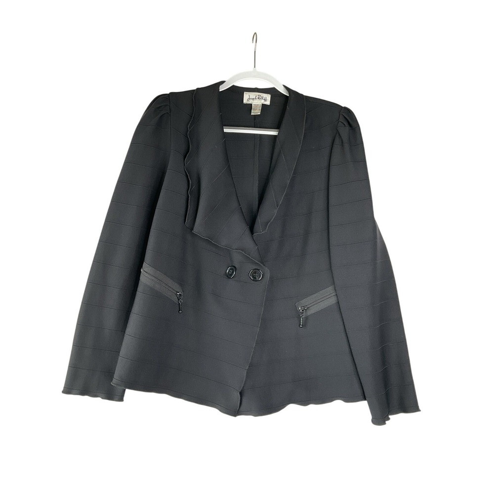 Joseph Ribbkoff Black Double Breasted Jacquard Blazer‎ Zippers Stretch Chic 14